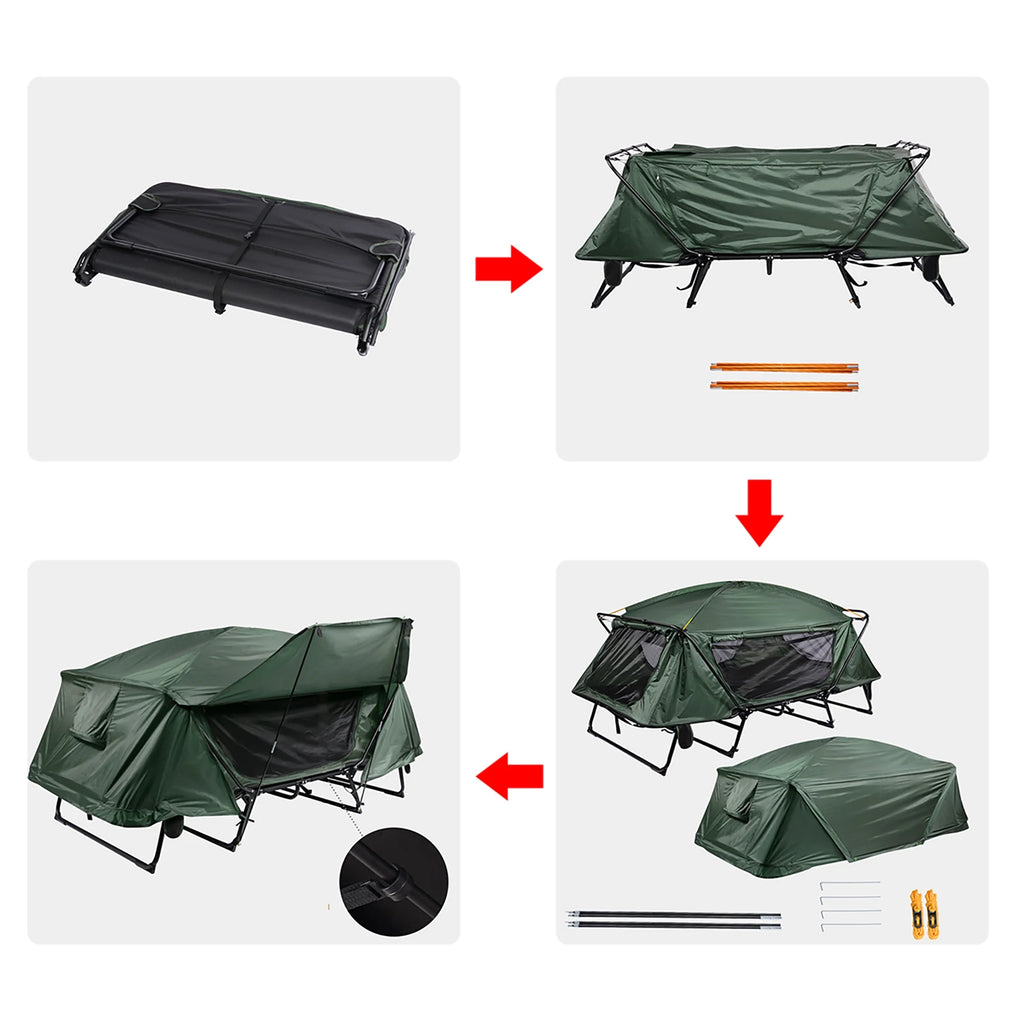 Green Double Tent Cot Folding Portable Waterproof Camping Bed for 2 Person with Rain Fly Bag Q663260