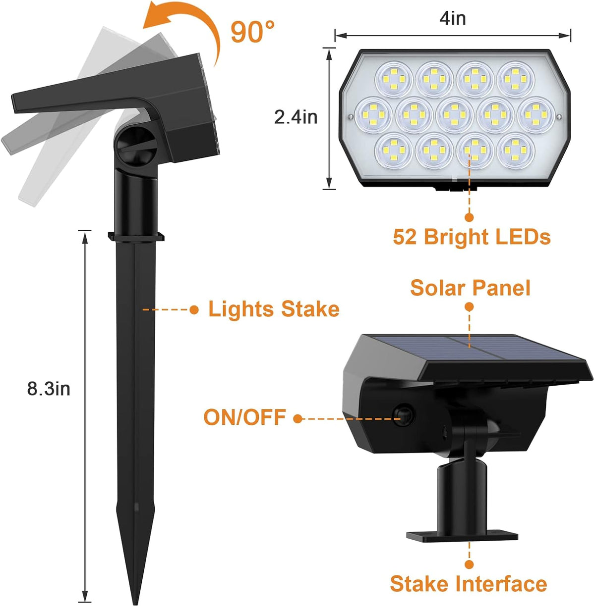 6 Pack 52 LED 3 Modes IP65 Waterproof Solar Spot Lights B3202