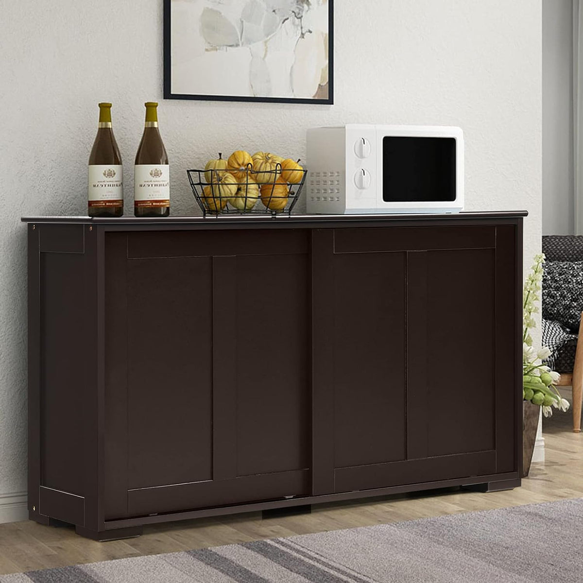 Brown Double-Layer Sliding Slat Door Storage Cabinet M354187