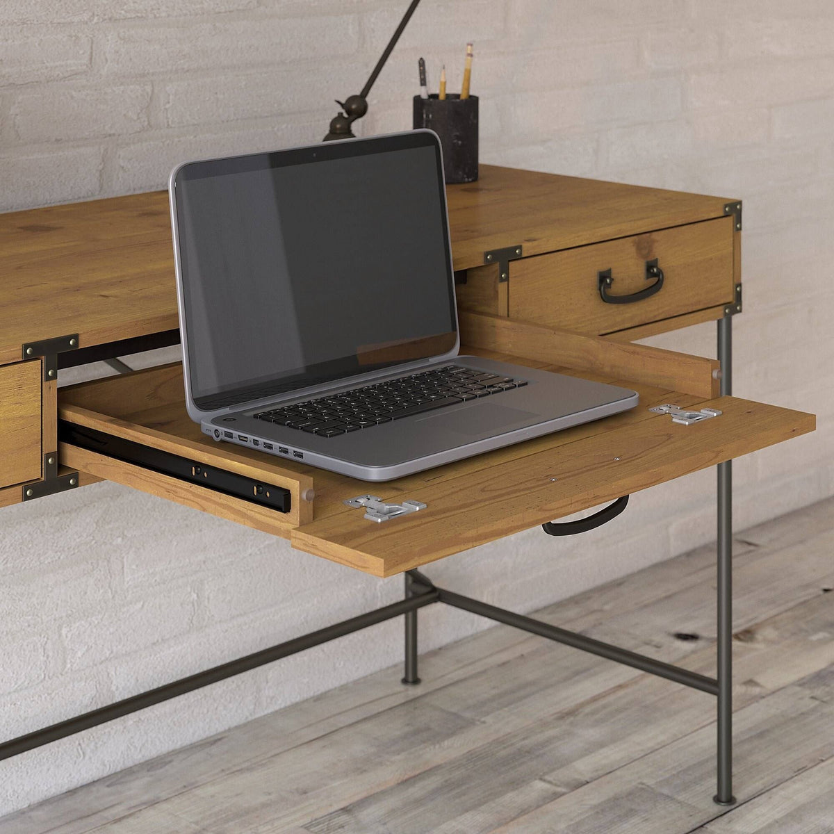 48W Writing Desk with Drawers and 5 Shelf Etagere Bookcase, Restored Gray R733