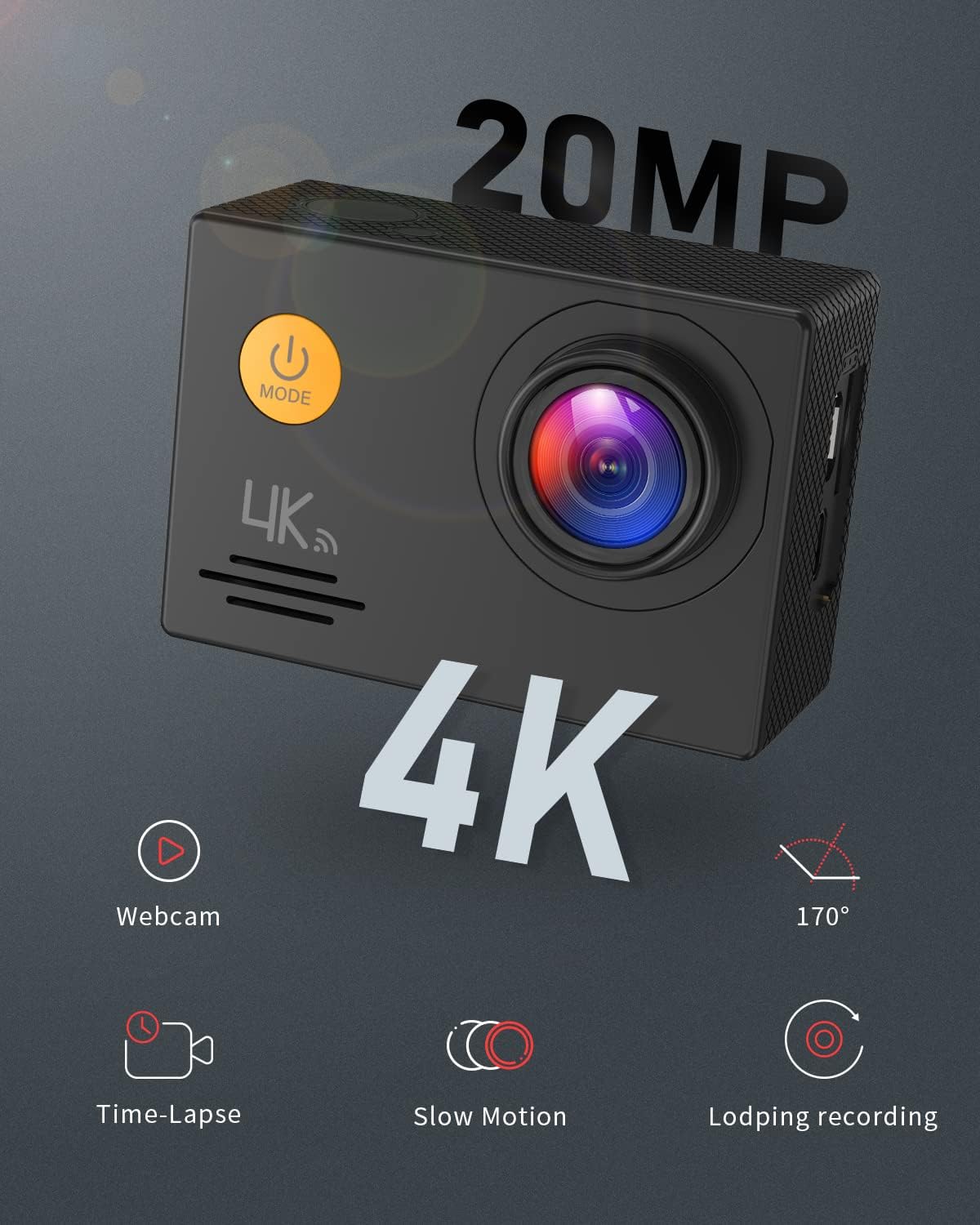 4K Waterproof Action Camera with External Microphone, 170° Wide Angle Lens, 2 x 1050mAh Battery J158