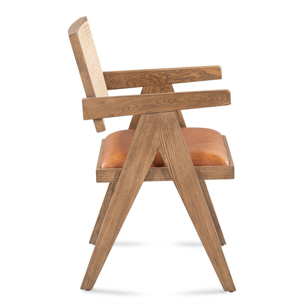 Tan Top-Grain Leather & Wood Dining Chair with Rattan Back C247