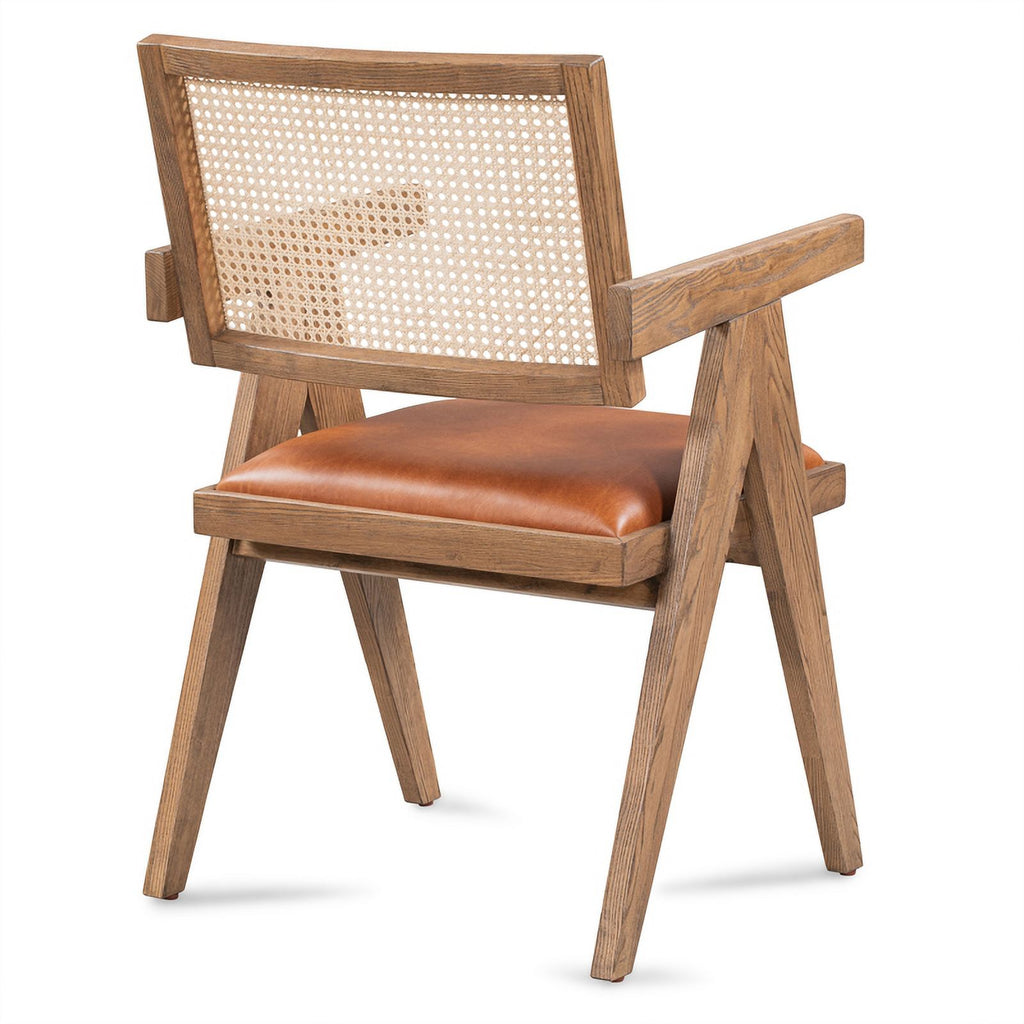 Tan Top-Grain Leather & Wood Dining Chair with Rattan Back C247