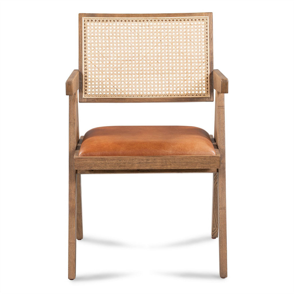 Tan Top-Grain Leather & Wood Dining Chair with Rattan Back C247