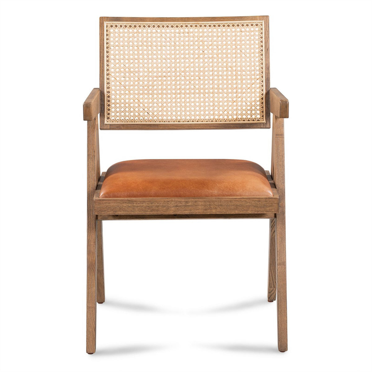 Tan Top-Grain Leather & Wood Dining Chair with Rattan Back C247