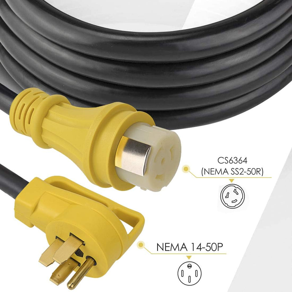 25Ft 50Amp STW Heavy Duty RV Extension Cord, 14-50P Male and SS2-50R Twist-Locking Female, 125V/250V K39194