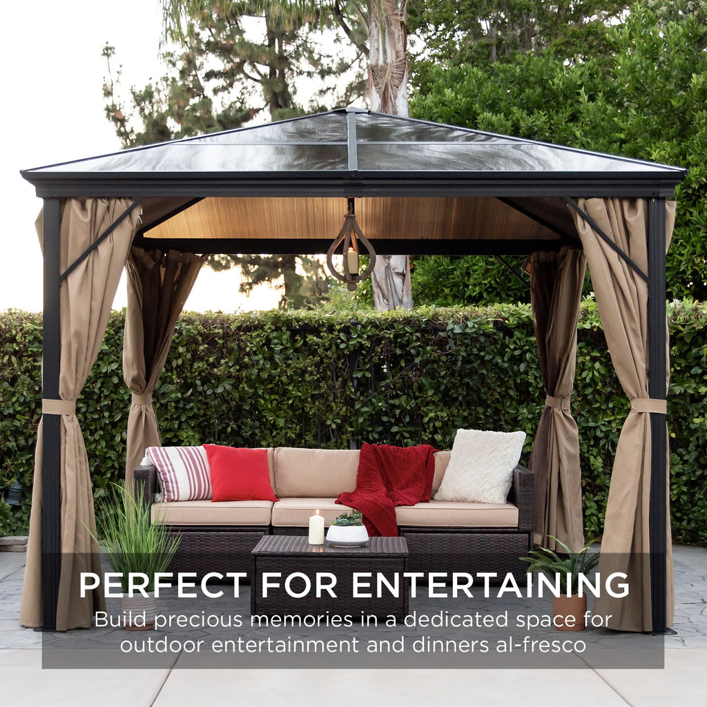 10x10ft Hardtop Gazebo with Side Curtains, Netting B8474