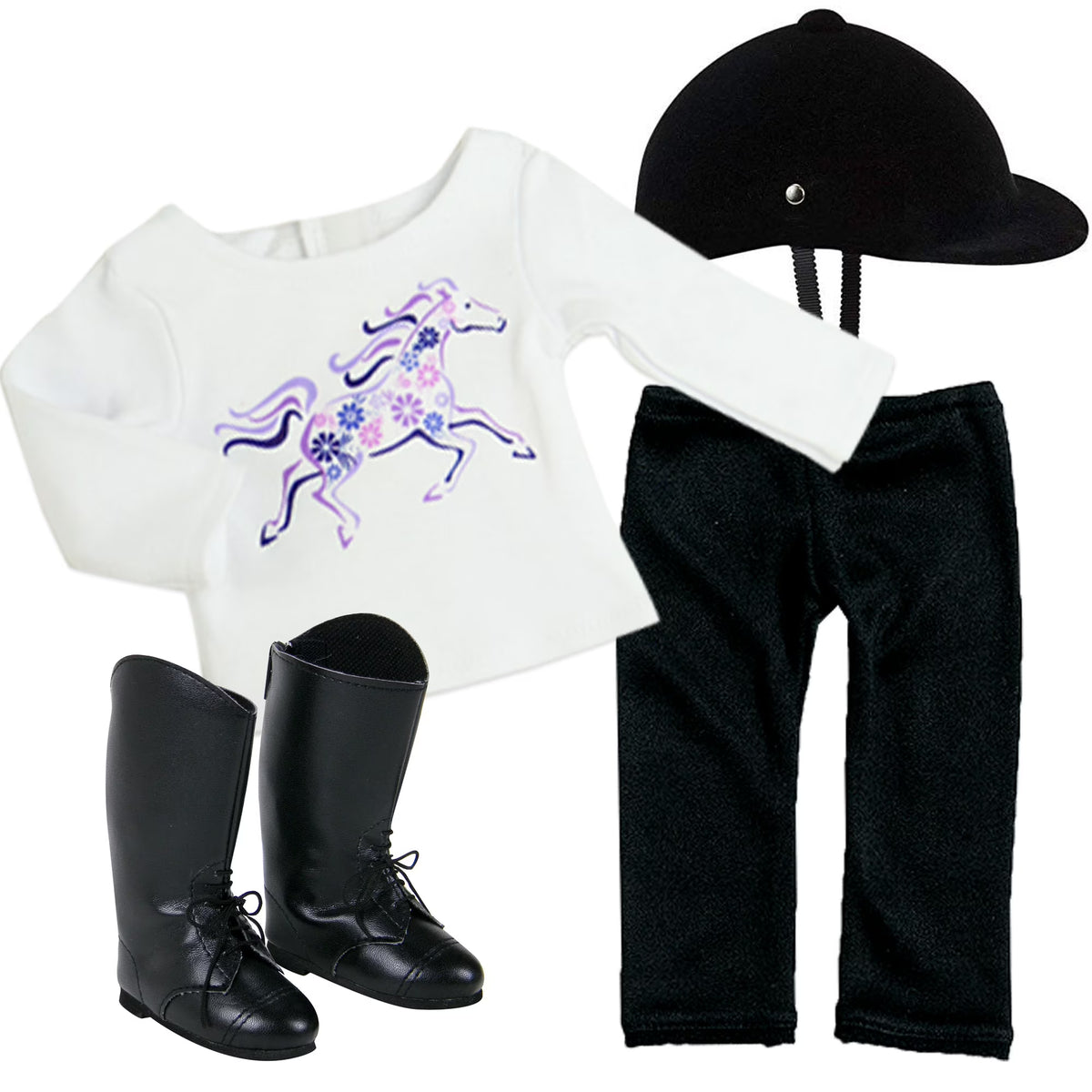 Black 4 Piece Horseback Riding Outfit with Riding Boots Set for 18'' Dolls F24115