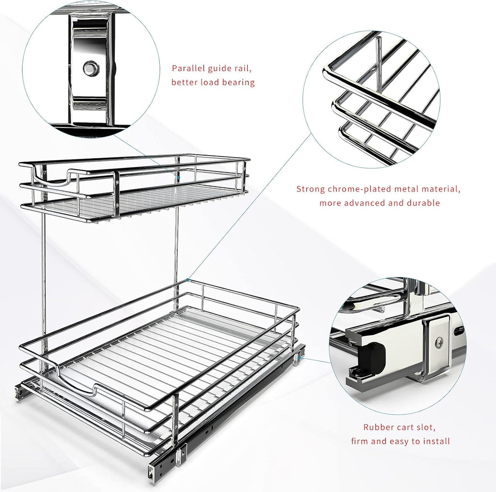 Under Sink Cabinet Organizer with 2 Tier Pull Out Sliding Shelf, 12.2Wx18.1Dx14.5H-Inch - Silver K2140