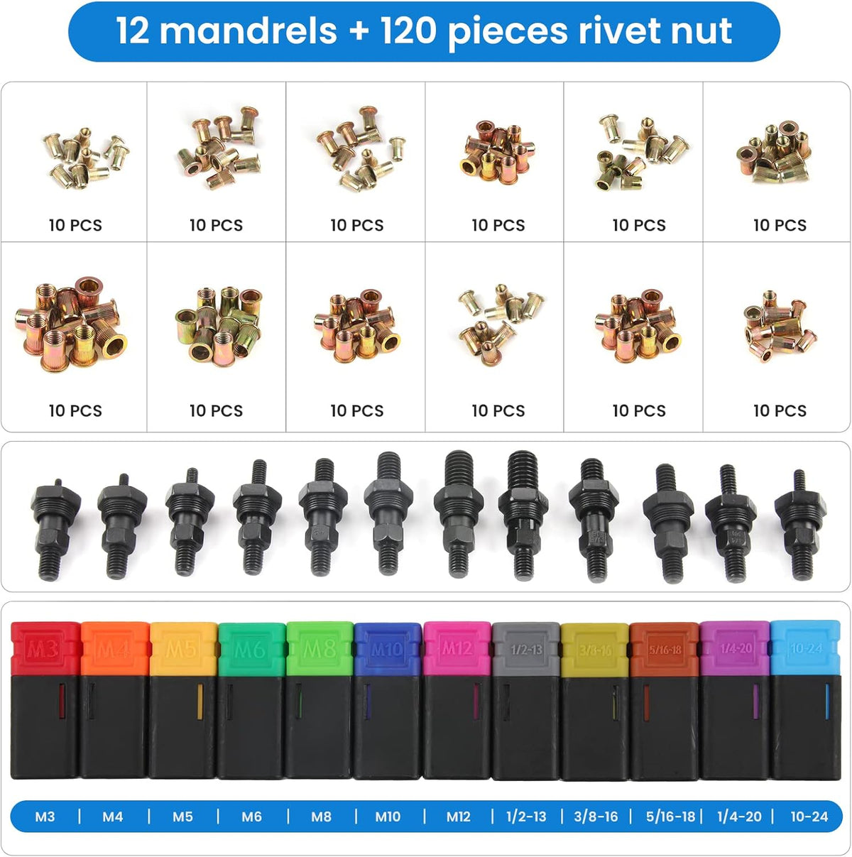 16 Rivet Tool Kit with 120PCS Rivet Nuts & Plastic Case L620