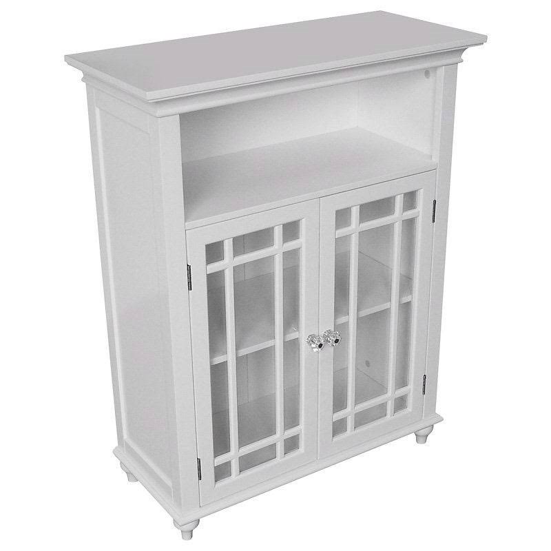 White Wood 2-Door Bathroom Floor Cabinet with Glass Paneled Doors Y895571