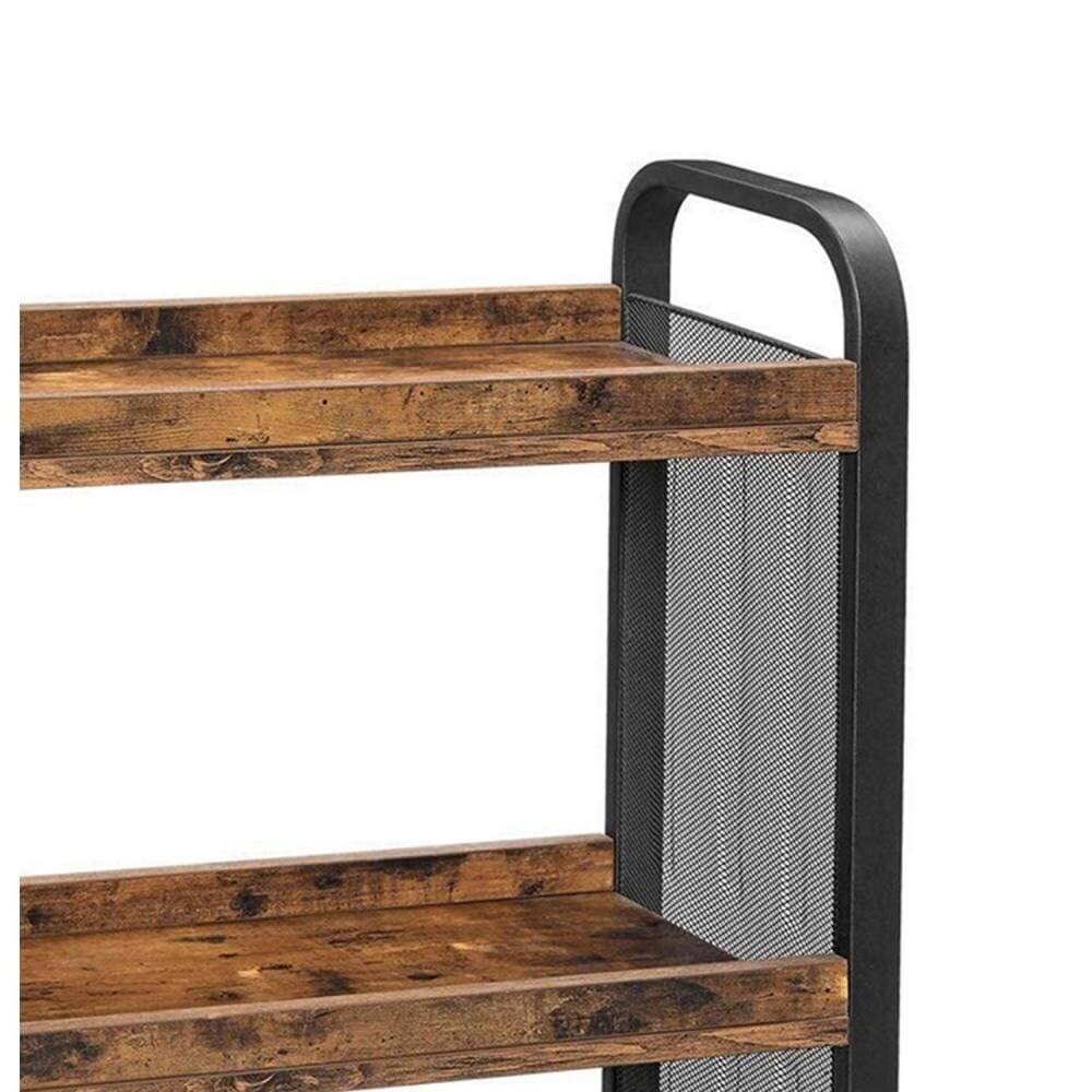 3 Tier Wood and Metal Kitchen Cart with Mesh Side Panel, Brown and Black L9306