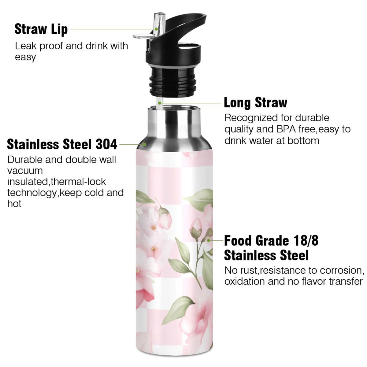 Pink Insulated Stainless Steel Water Bottle with Straw Lid, 20 oz T6073