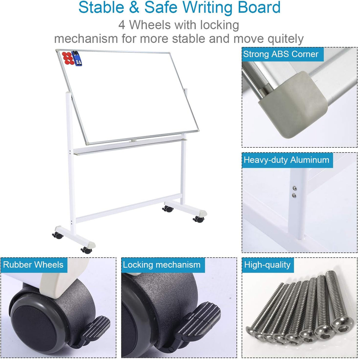 36x24 Double Sided Magnetic Dry Erase Board on Wheels with Stand L783