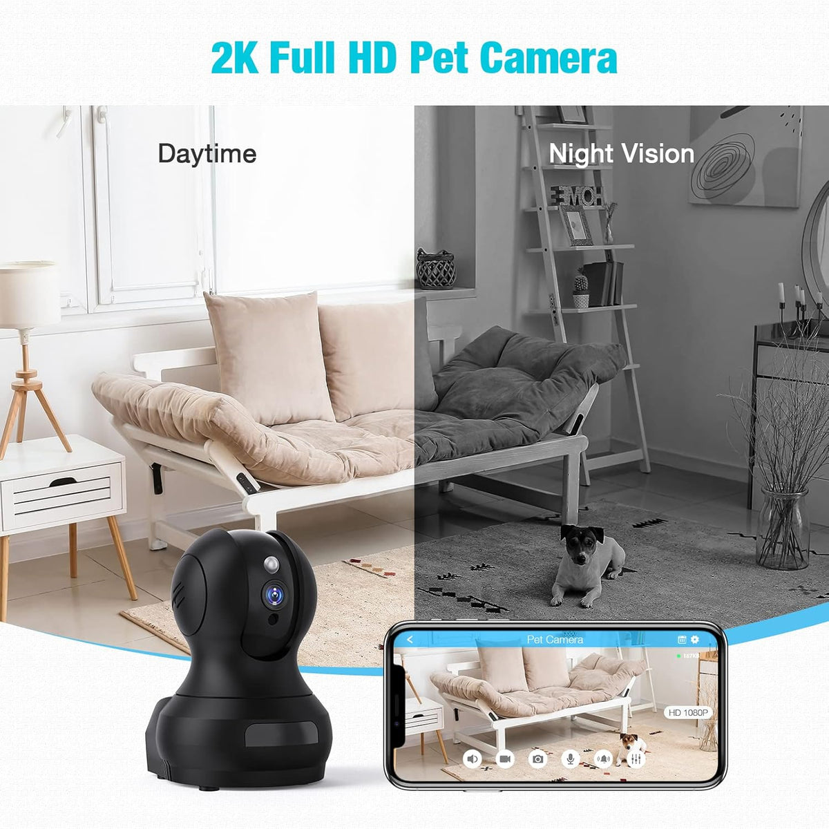 2K WiFi Pet Camera with Night Vision, Pan Tilt Zoom, Pack of 2 D286