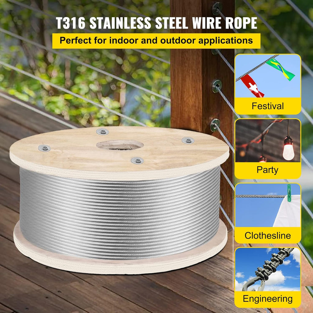 Stainless Steel Cable Railing 3/16x 500ft, Wire Rope 316 Marine Grade, Braided Aircraft Cable 1x19 Strands, Pack of 2 P6109