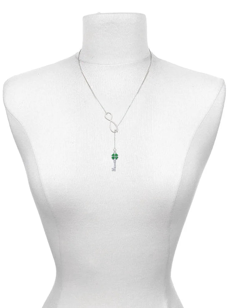 Silvertone Translucent Green Four Leaf Clover Key Infinity Lariat Necklace L560592