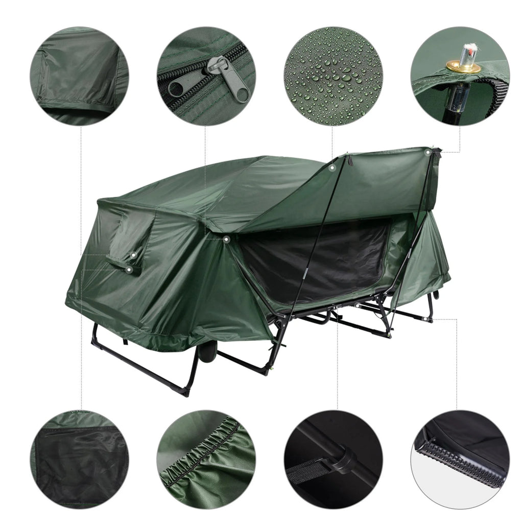 Green Double Tent Cot Folding Portable Waterproof Camping Bed for 2 Person with Rain Fly Bag Q663260