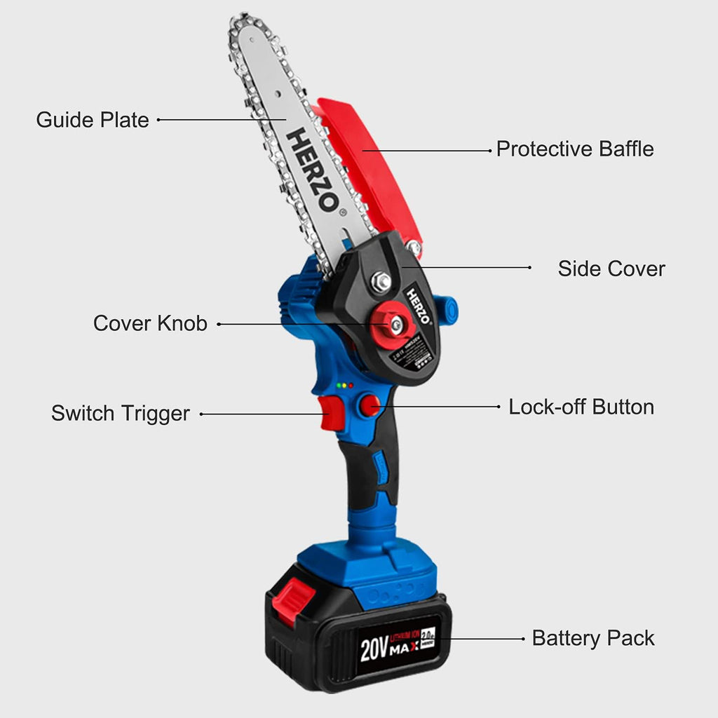 Mini Cordless Chainsaw with 2Pcs Batteries and 2Pcs Chain, 6 Inch One-Hand Electric Power Chainsaw, 20V 2000MAh Rechargeable Battery Operated V355