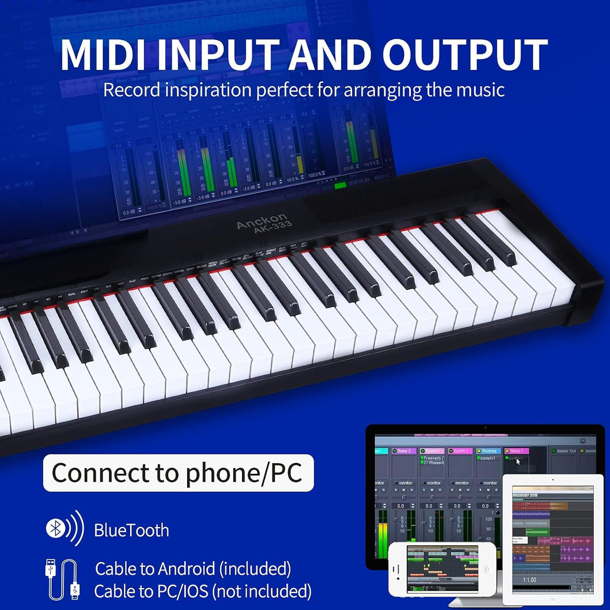 88 Key Full Size Semi Weighted Electronic Keyboard with Music Stand, Power Supply, Sustain Pedal, Bluetooth, MIDI D56865