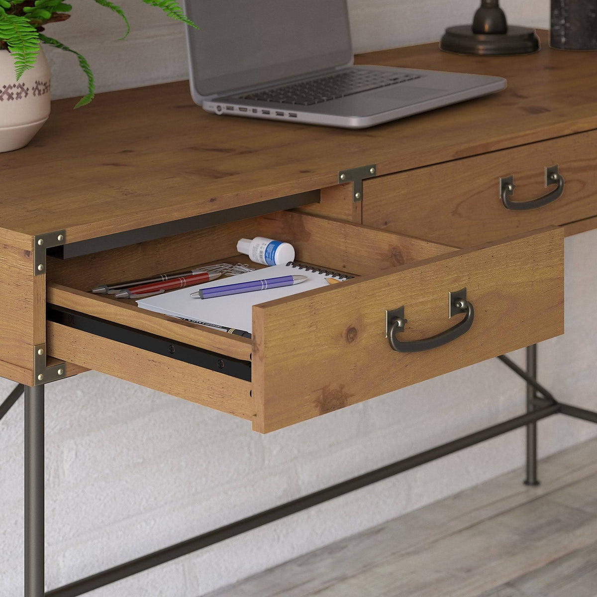 48W Writing Desk with Drawers and 5 Shelf Etagere Bookcase, Restored Gray R733
