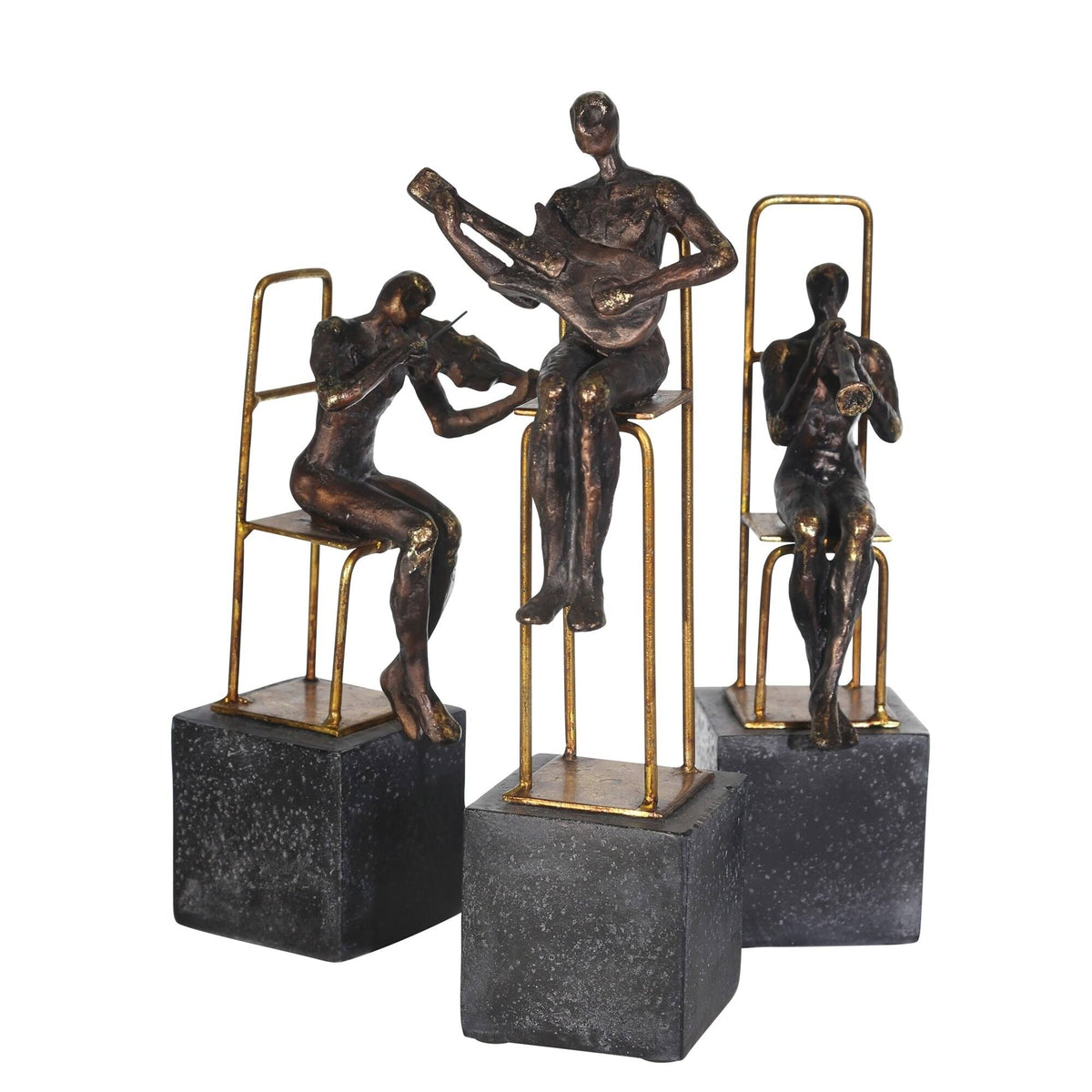 Set/3 Polyresin Musicians on Base, Black/Gold V9539