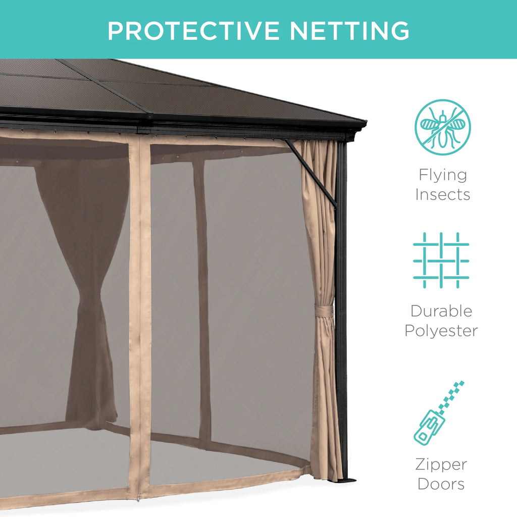 10x10ft Hardtop Gazebo with Side Curtains, Netting B8474