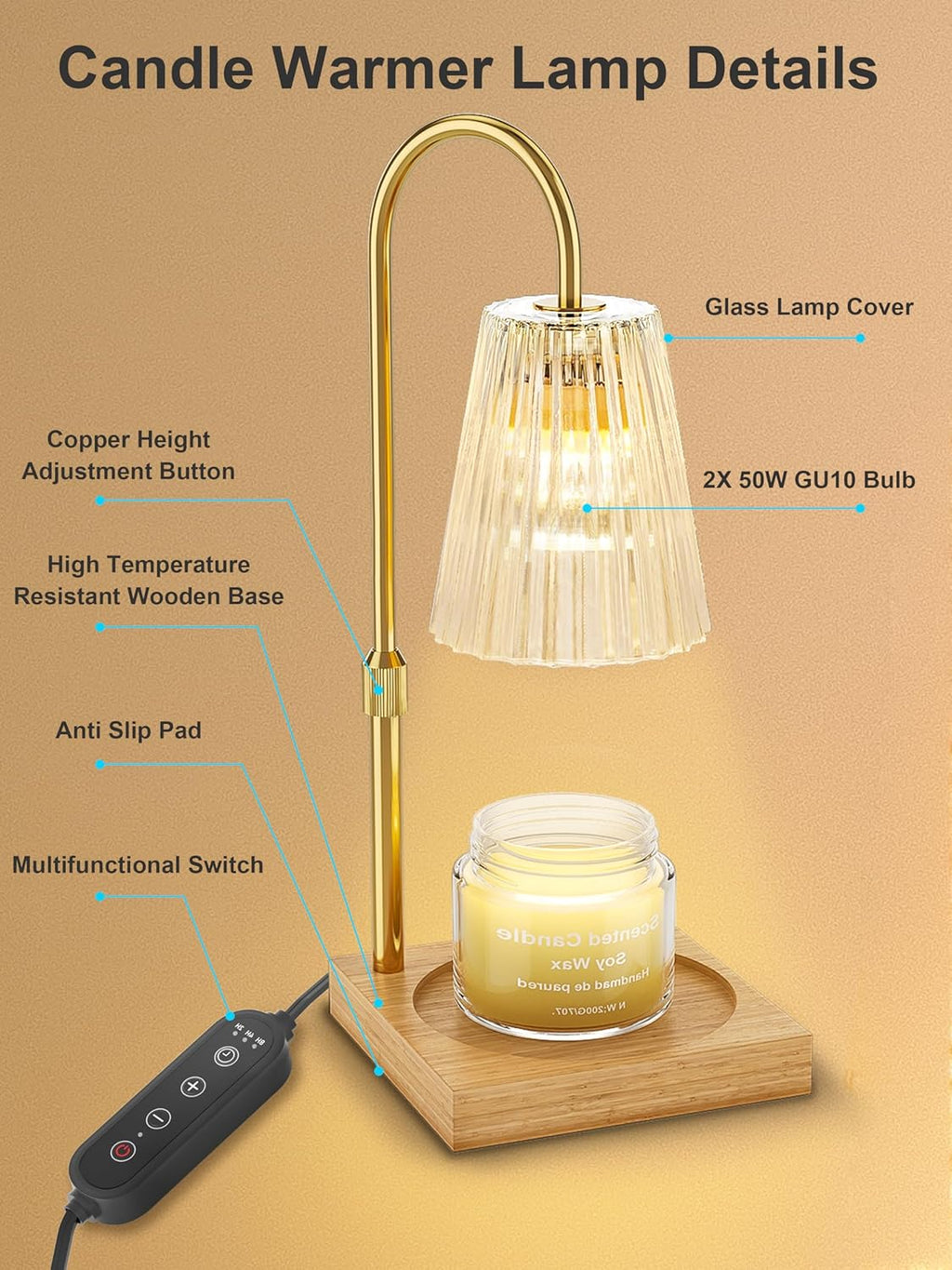 Candle Warmer Lamp with Timer, Dimmable, Adjustable Height K40381