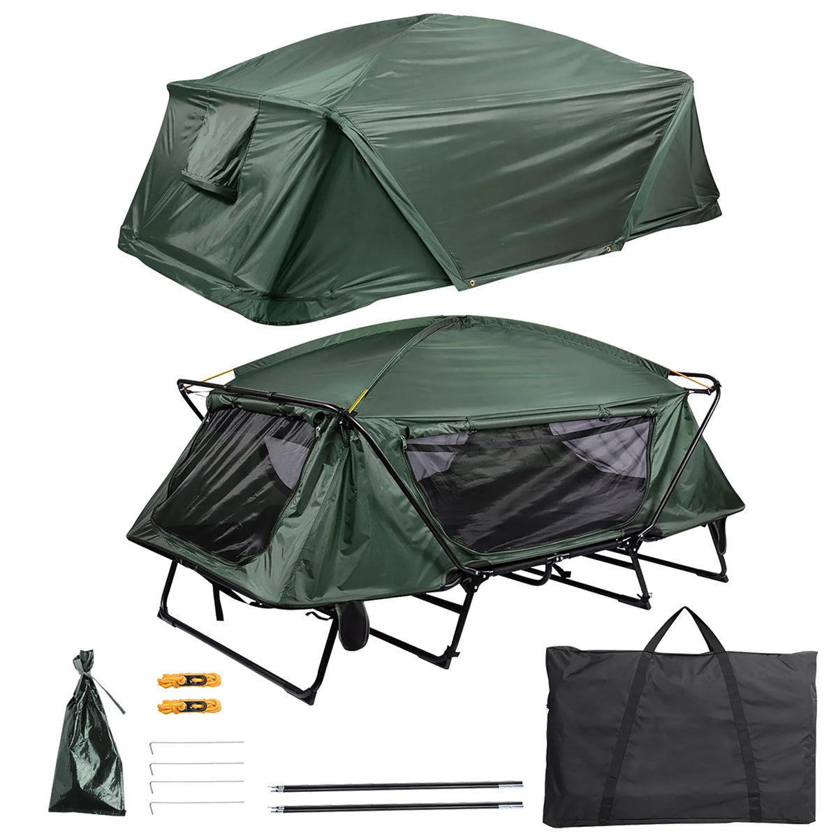 Green Double Tent Cot Folding Portable Waterproof Camping Bed for 2 Person with Rain Fly Bag Q663260