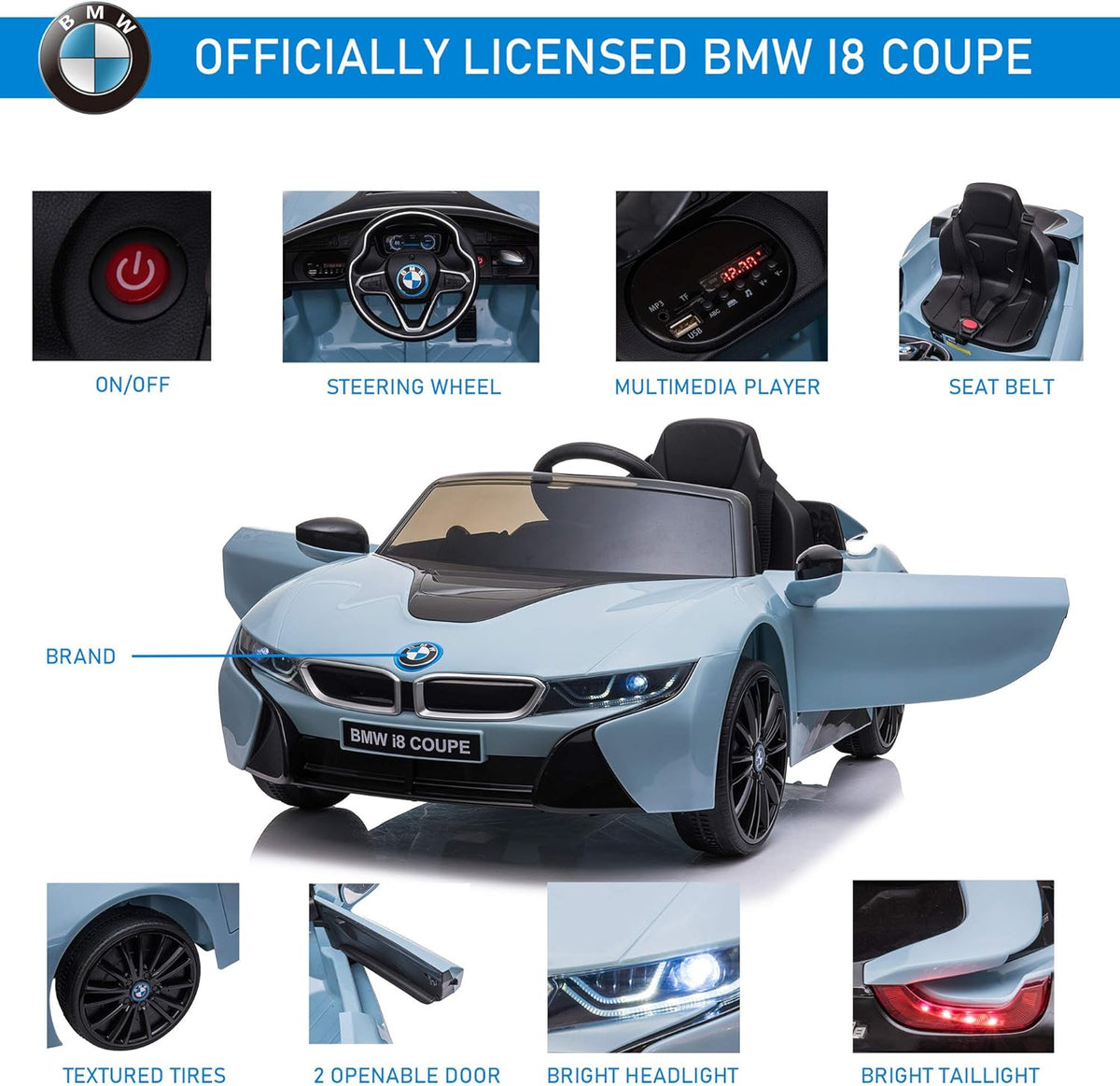 Blue BMW I8 Coupe Electric Kids Ride-On Car 6V Battery Powered Toy with Remote Control Y200277