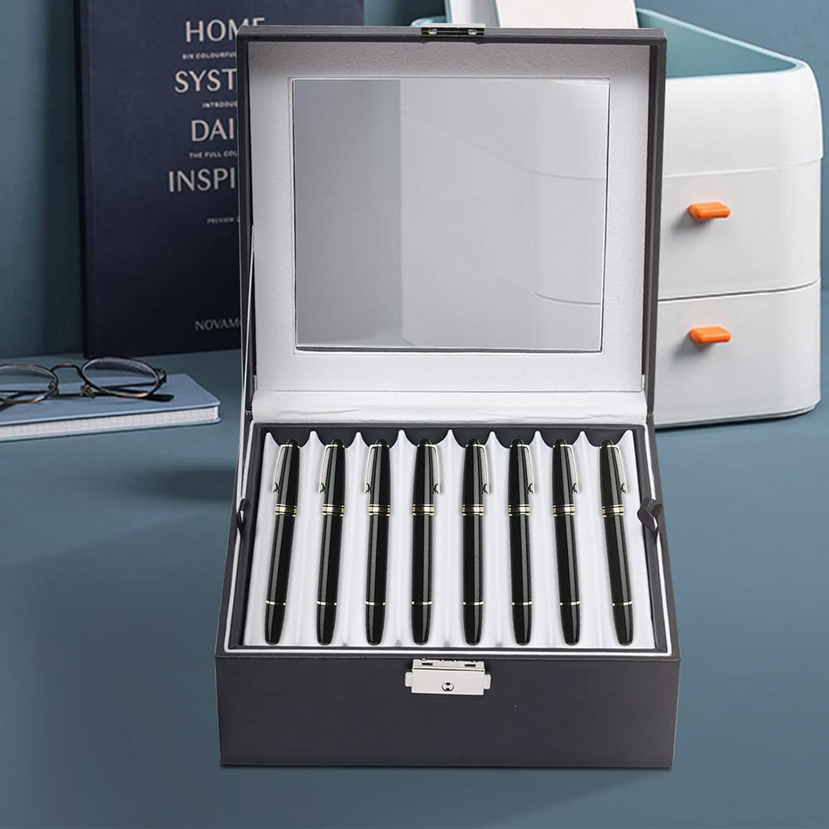 16 Slots Leather Pen Display Box Pen Collector Case with Transparent Window Pack of 2 M13509