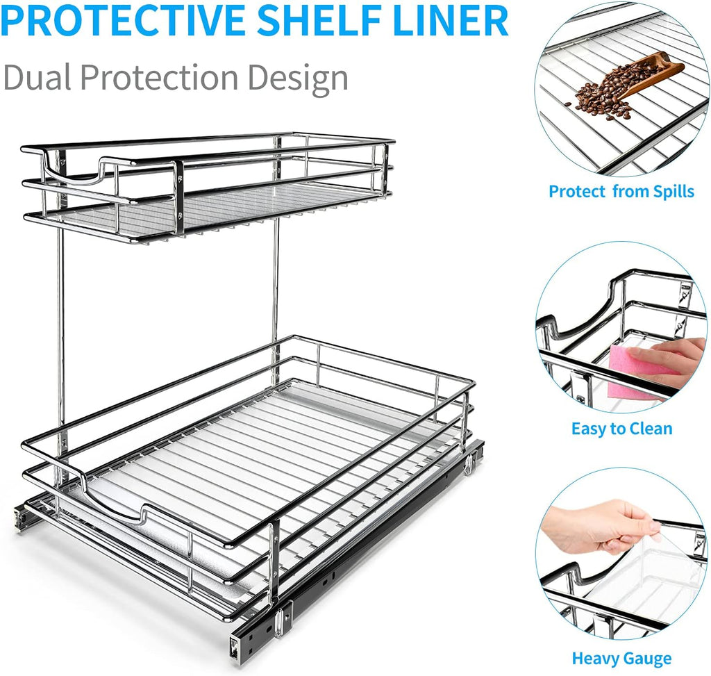Under Sink Cabinet Organizer with 2 Tier Pull Out Sliding Shelf, 12.2Wx18.1Dx14.5H-Inch - Silver K2140