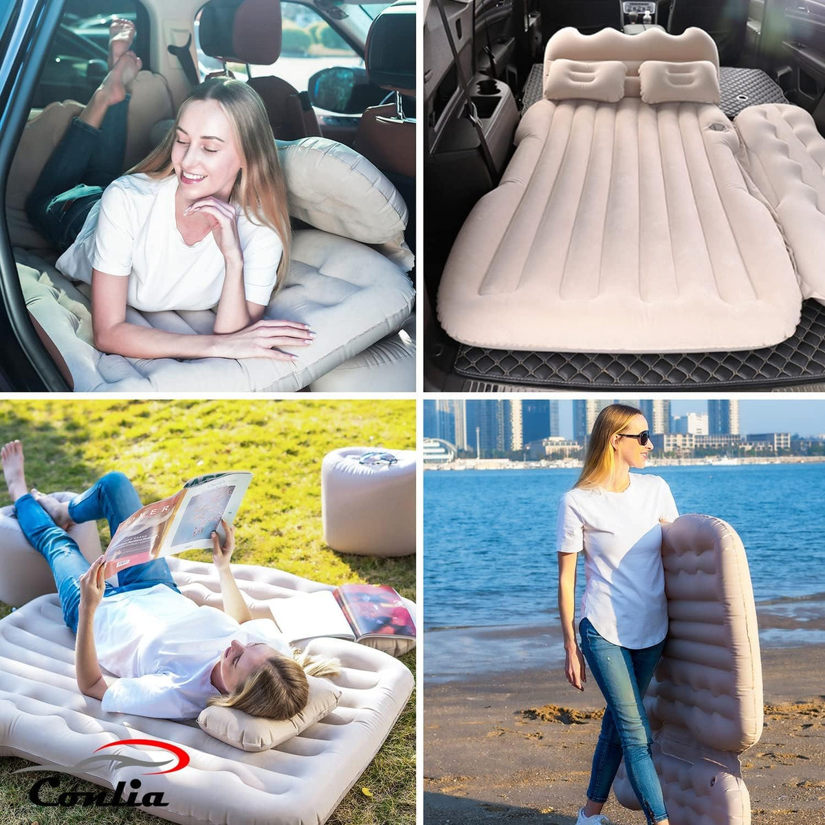 Beige Inflatable Car Air Mattress with Air Pump P49711
