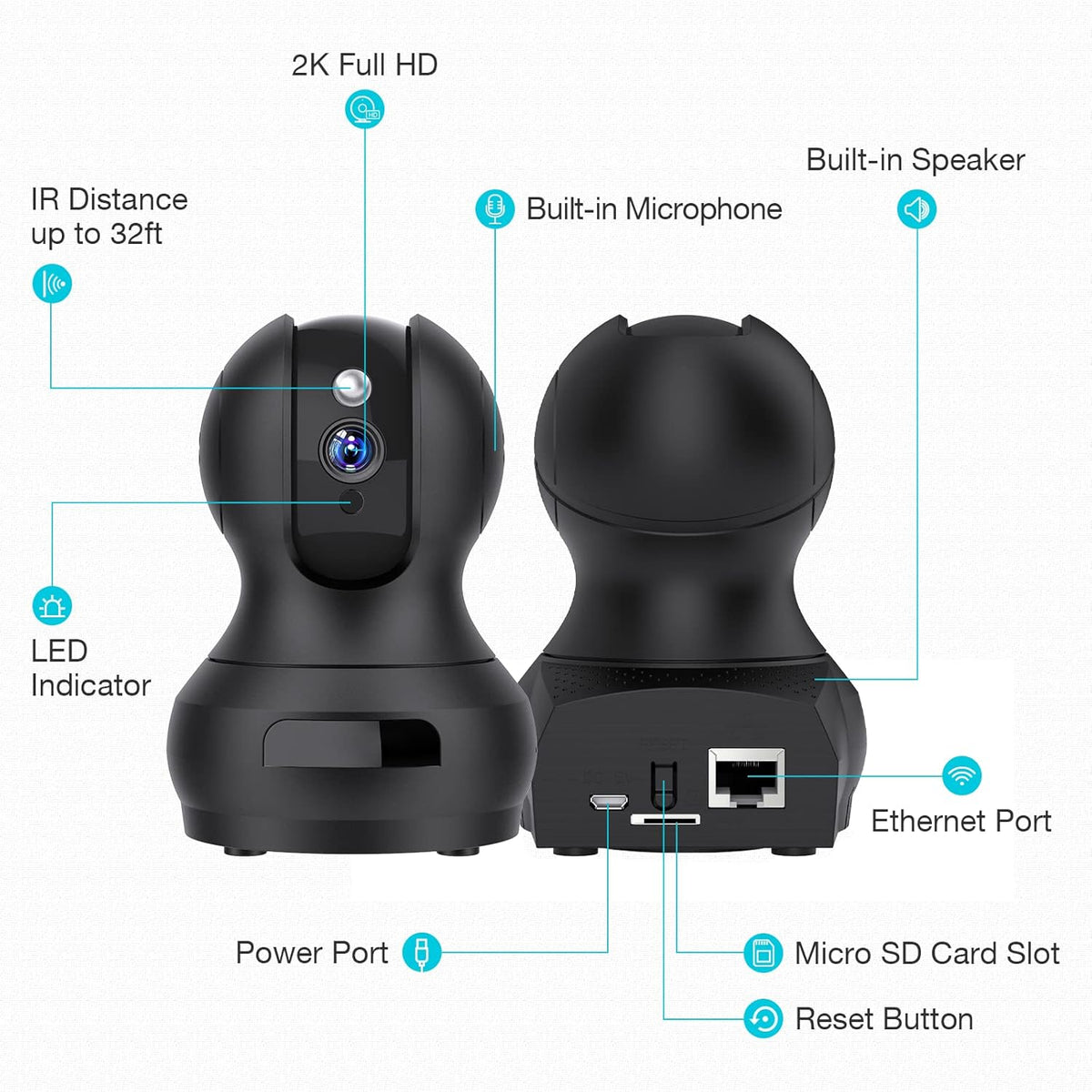 2K WiFi Pet Camera with Night Vision, Pan Tilt Zoom, Pack of 2 D286