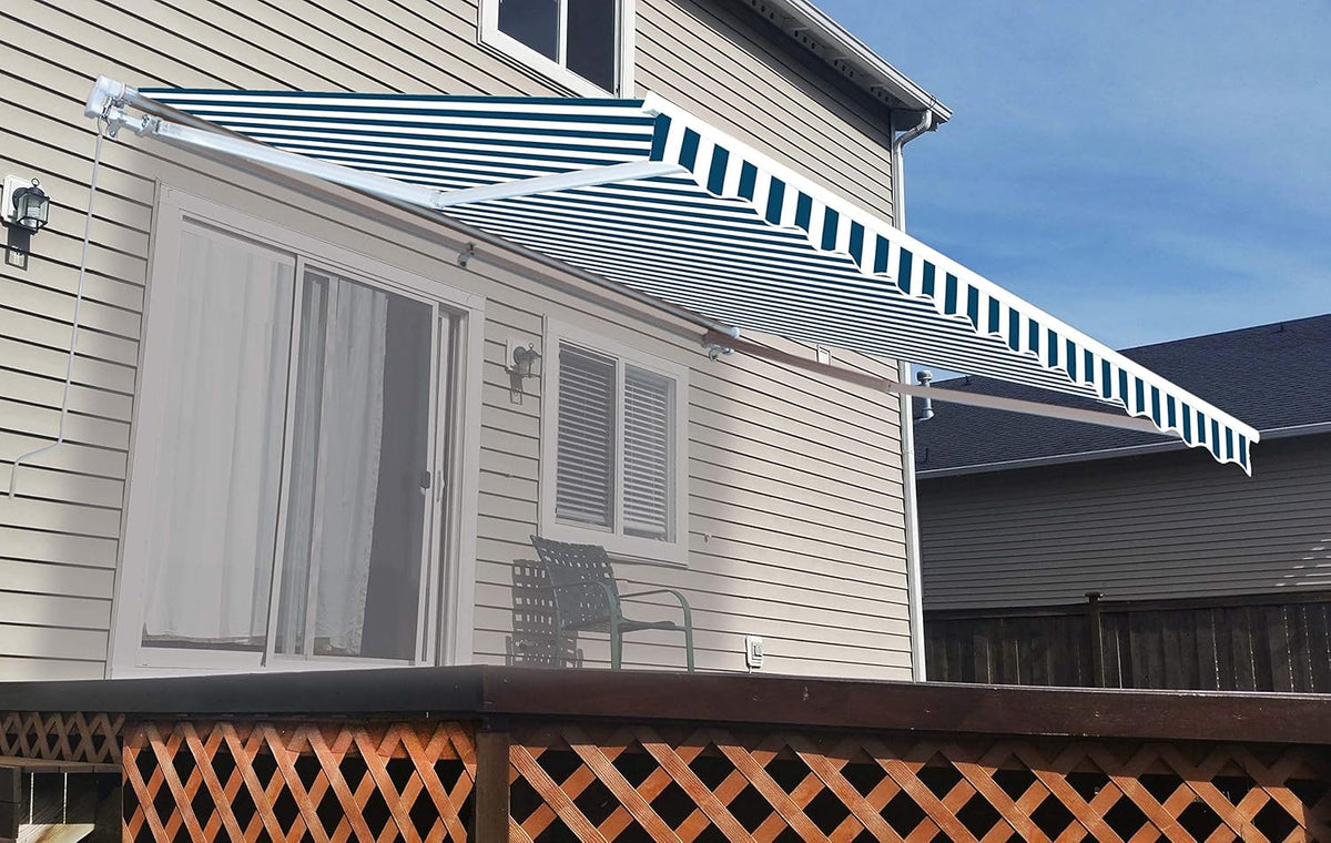 Blue and White Striped Retractable Patio Awning 12 x 10 Feet K878955