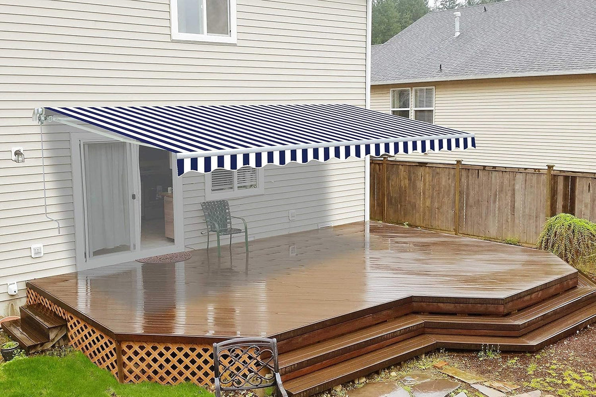 Blue and White Striped Retractable Patio Awning 12 x 10 Feet K878955