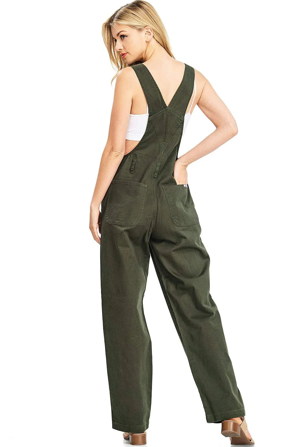 Olive Medium Baggy Straight Leg Twill Overalls P16401