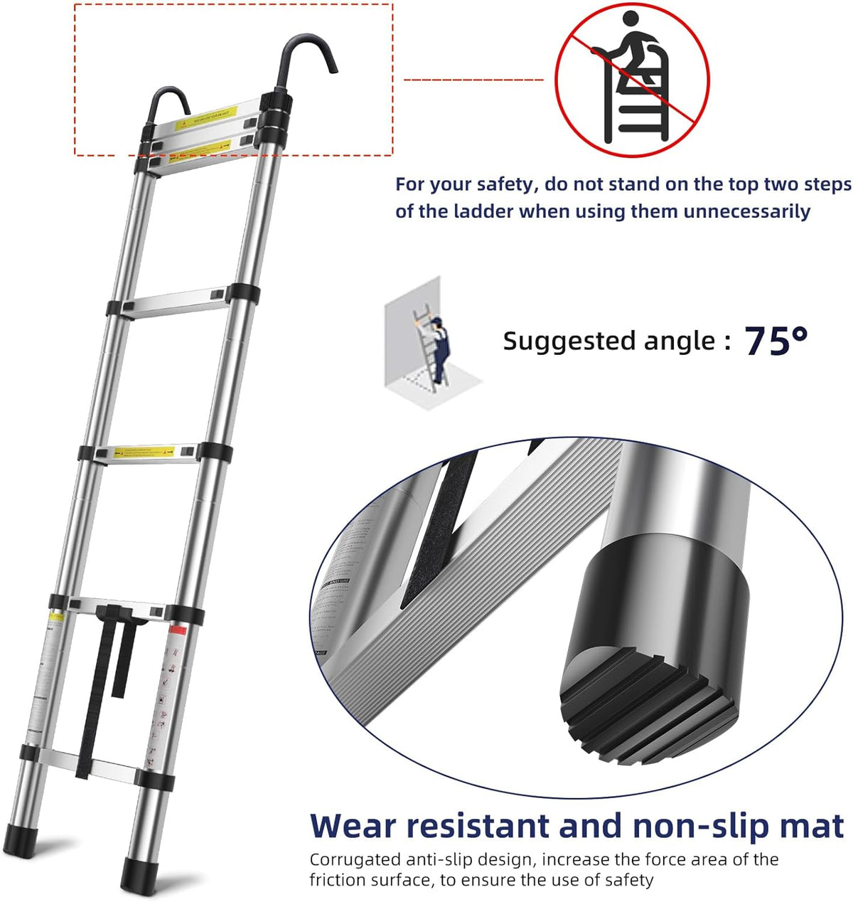 6.6ft Telescoping Aluminum Ladder with Hook, 330 lbs E445