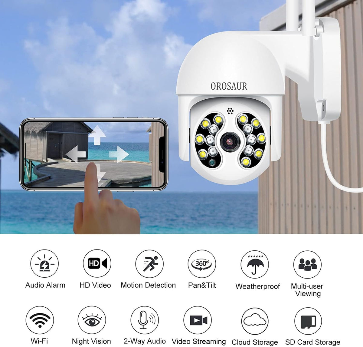 3MP PTZ Outdoor Security Camera with WiFi, 360° View, 1080P HD, IP66 Weatherproof, 2-Way Audio, Color Night Vision R40606