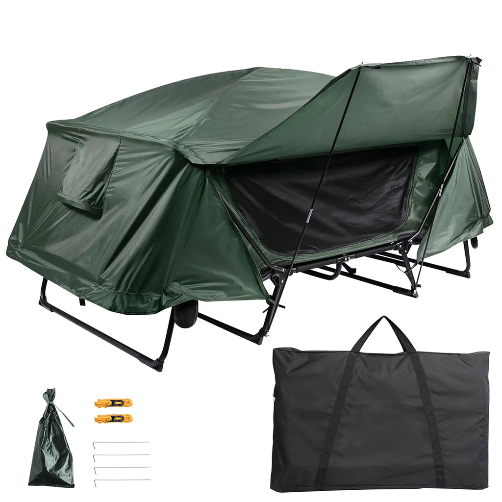 Green Double Tent Cot Folding Portable Waterproof Camping Bed for 2 Person with Rain Fly Bag Q663260