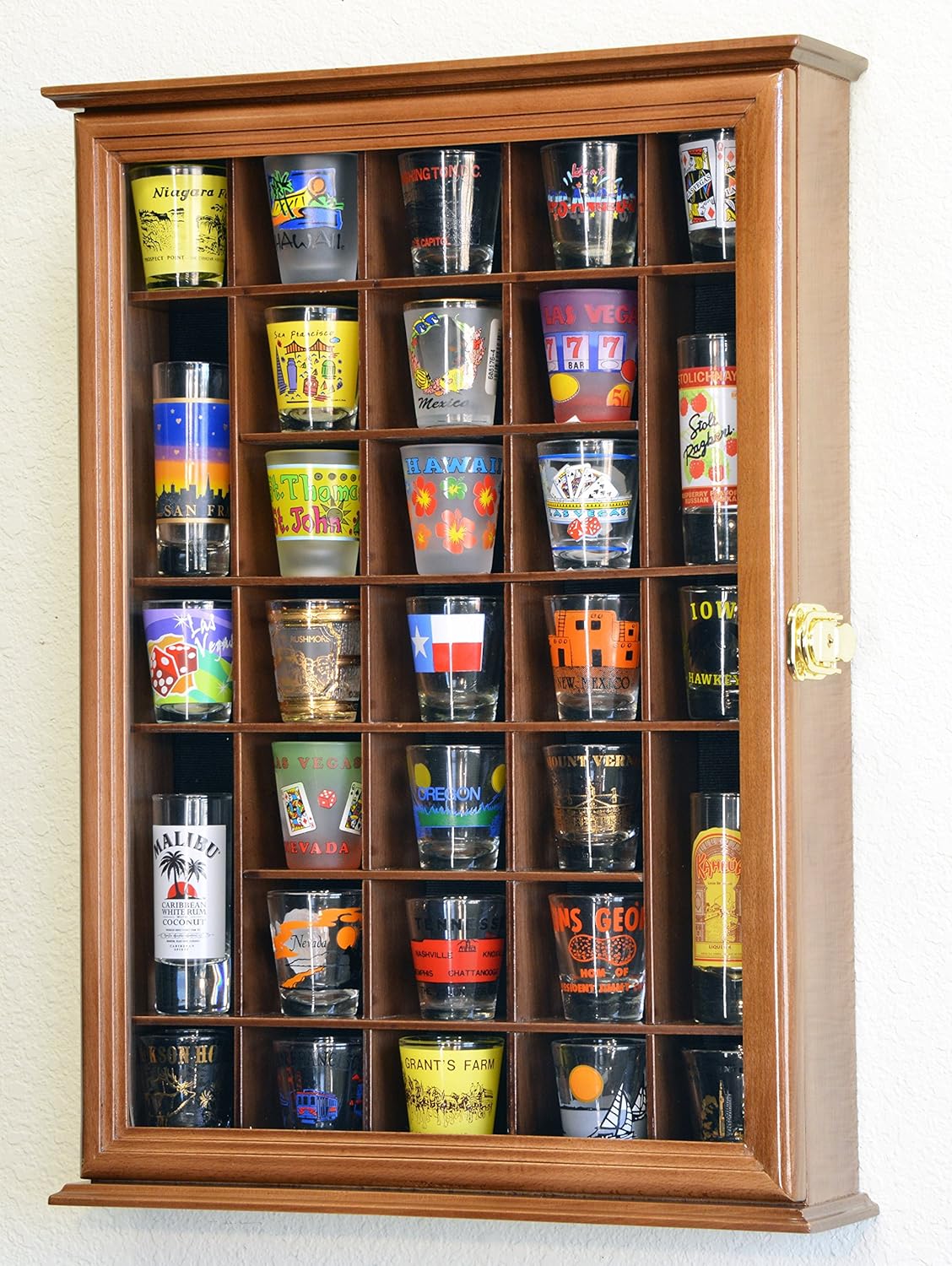Walnut Shot Glass Display Case Cabinet Wall Rack I308