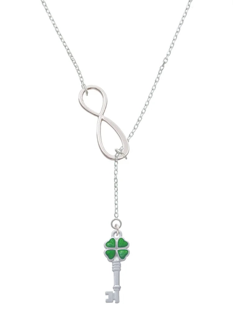 Silvertone Translucent Green Four Leaf Clover Key Infinity Lariat Necklace L560592