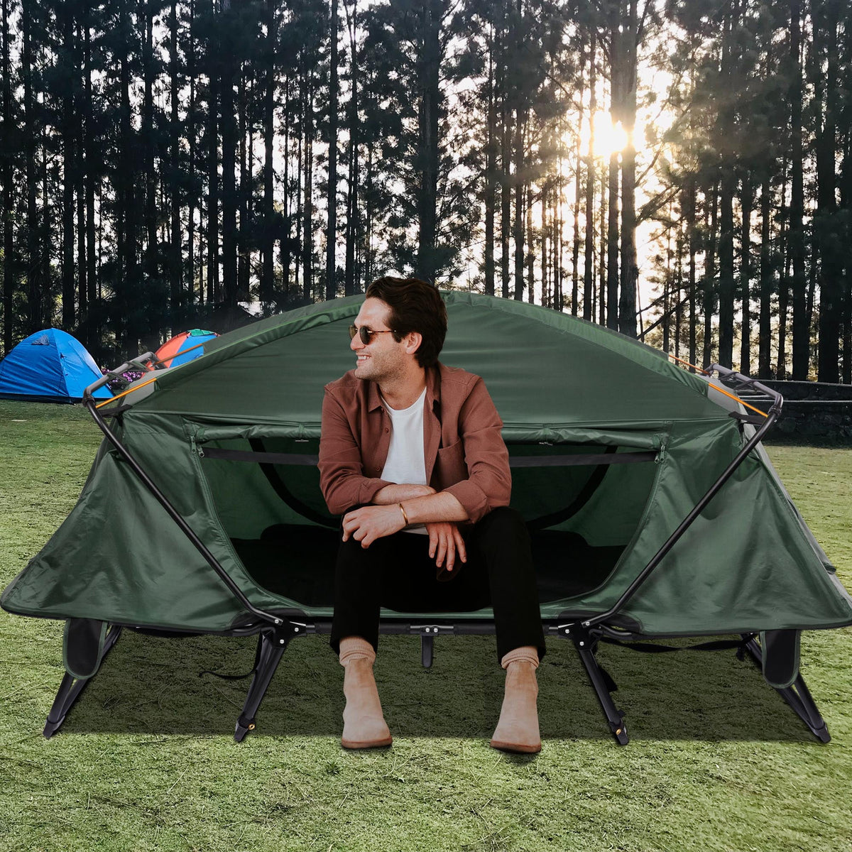 Green Double Tent Cot Folding Portable Waterproof Camping Bed for 2 Person with Rain Fly Bag Q663260
