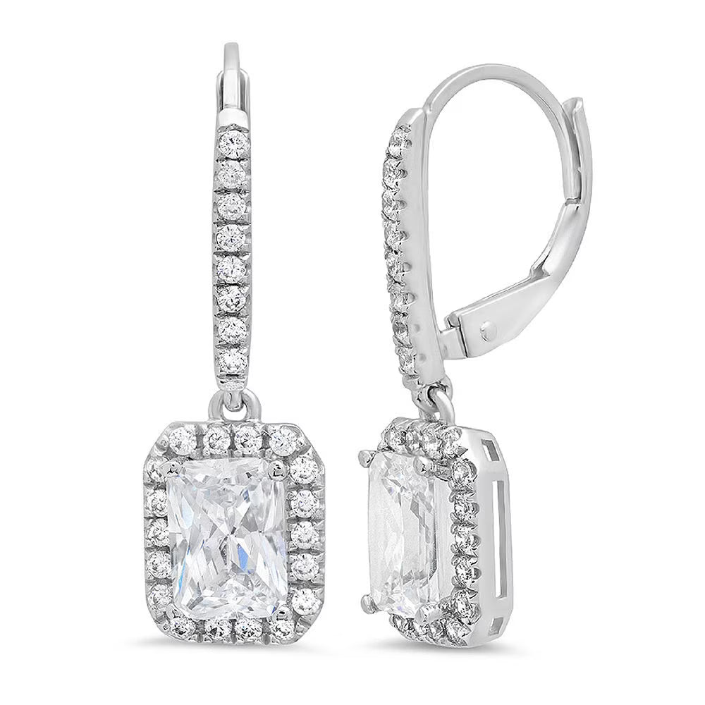 14K White Gold Emerald Cut Halo Drop Dangle Earrings U938