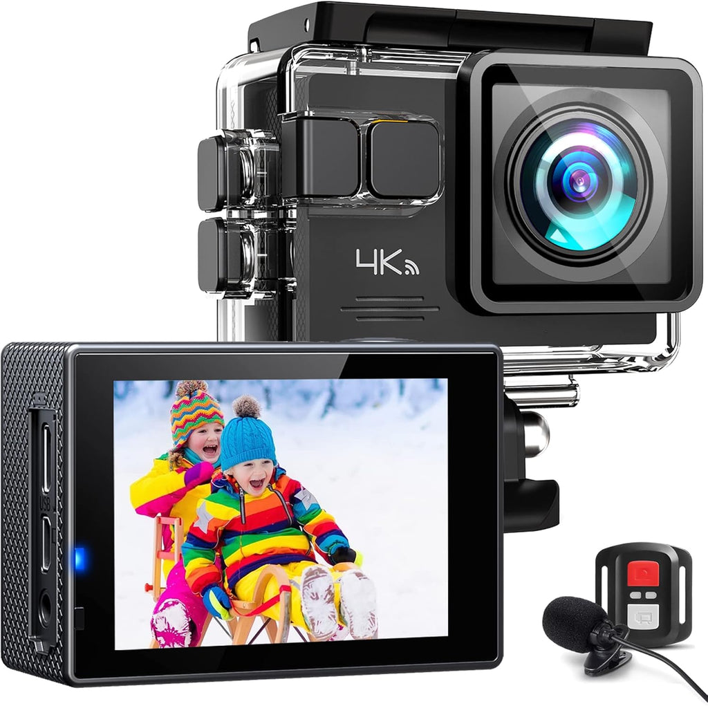 4K Waterproof Action Camera with External Microphone, 170° Wide Angle Lens, 2 x 1050mAh Battery J158