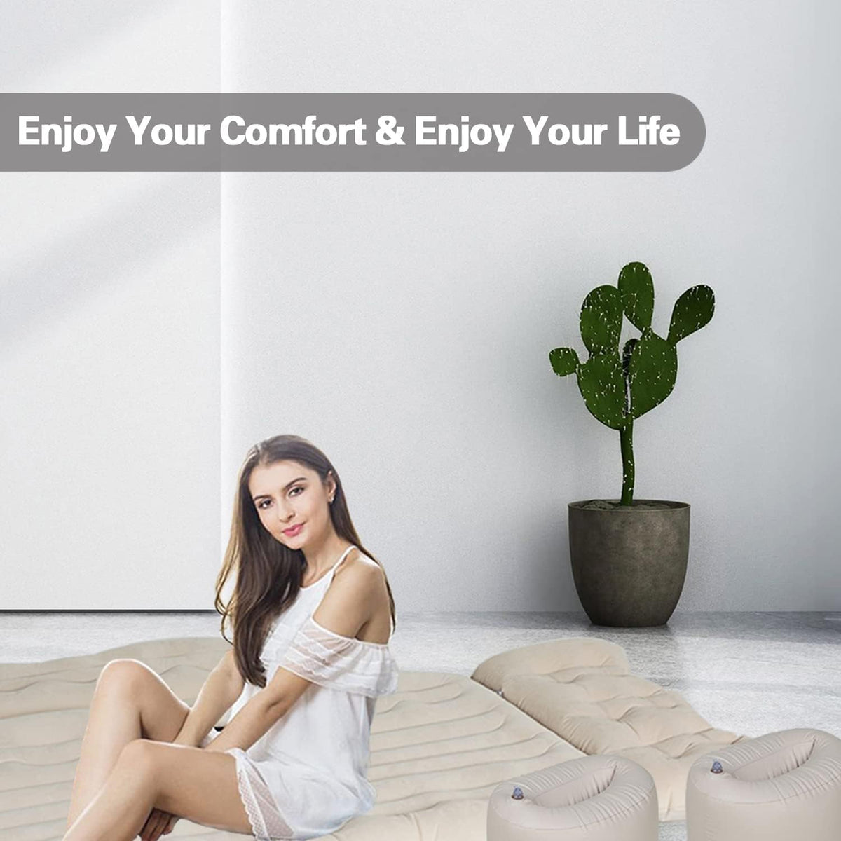 Beige Inflatable Car Air Mattress with Air Pump P49711