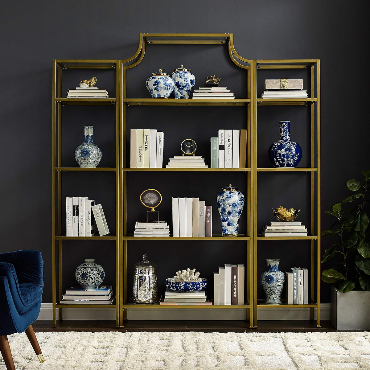 Gold and Glass Narrow Etagere Bookcase L289