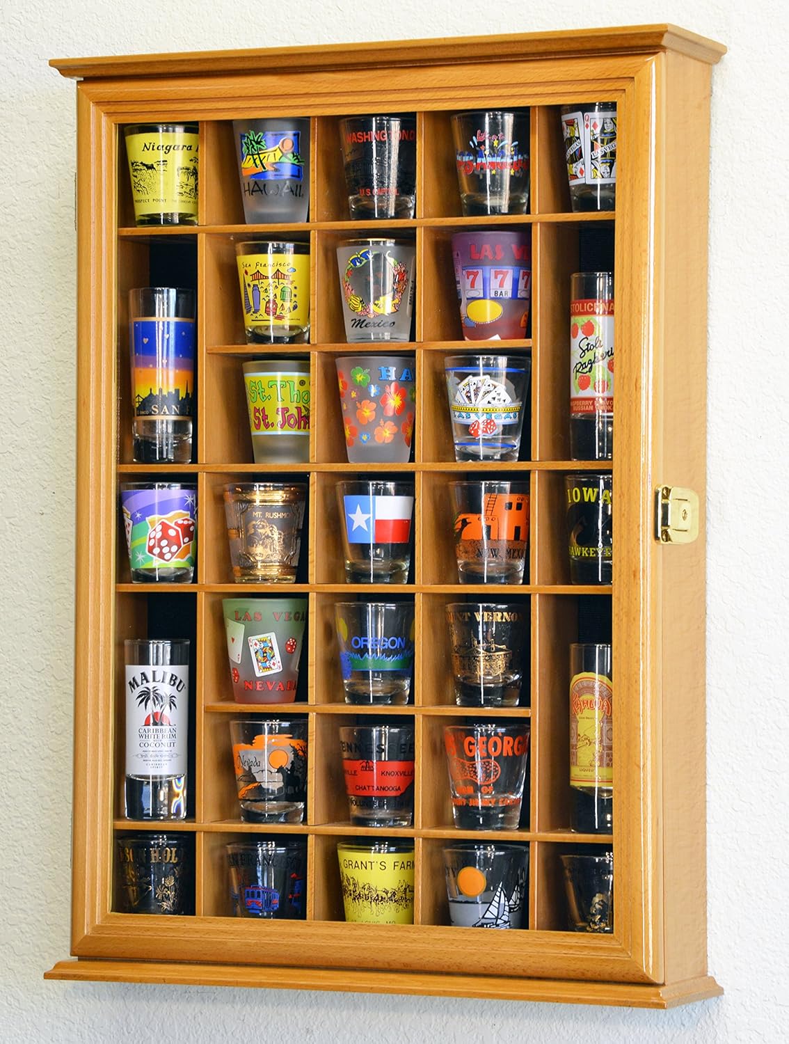 Walnut Shot Glass Display Case Cabinet Wall Rack I308