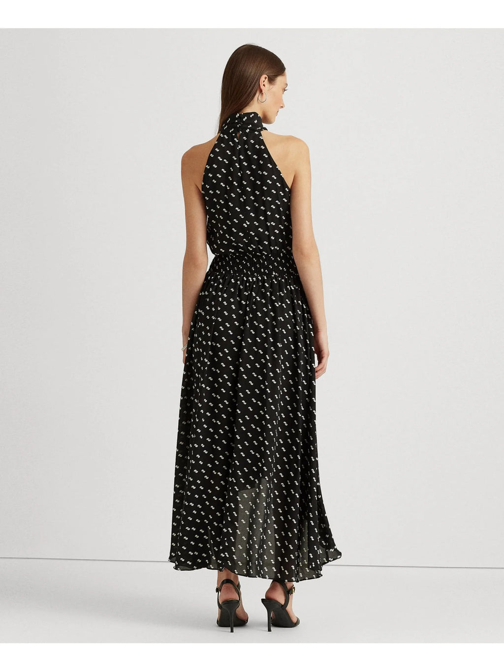Black Smocked Tie Keyhole Back Lined Printed Sleeveless Halter Maxi Hi-Lo Dress D203