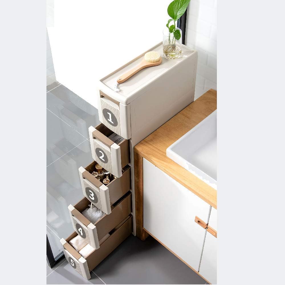5 Storage Drawers Rolling Cart Organizer Plastic Unit on Wheels Narrow Slim Cabinet 17.7 x 7 x 38.8 Inches S971